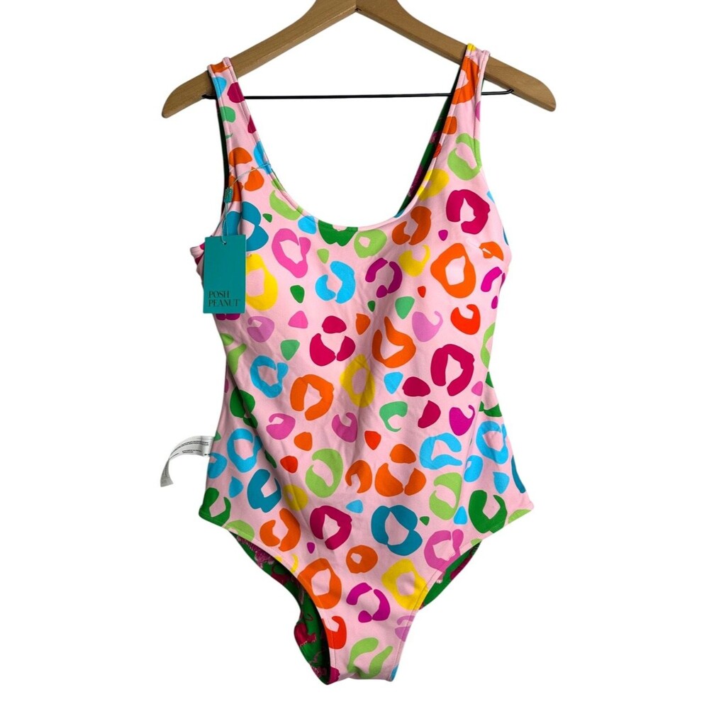 Posh Peanut One Piece Reversible Swimsuit Green Pink Tiger Abstract NWT Scoop - Picture 8 of 11